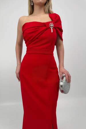 Dress With A Brooch On The Shoulder - Miss Janell - Globality Store - Women Clothes Wholesale Turkey