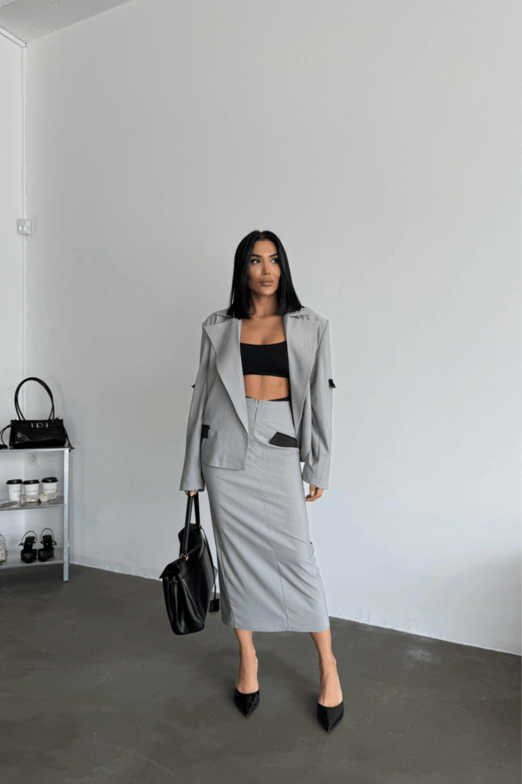 Crop Jacket Skirt Set - Ello - Globality Store - Women Clothes Wholesale Turkey