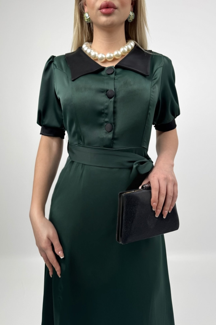 V Neck Garni Button Dress With Drawstring Belt