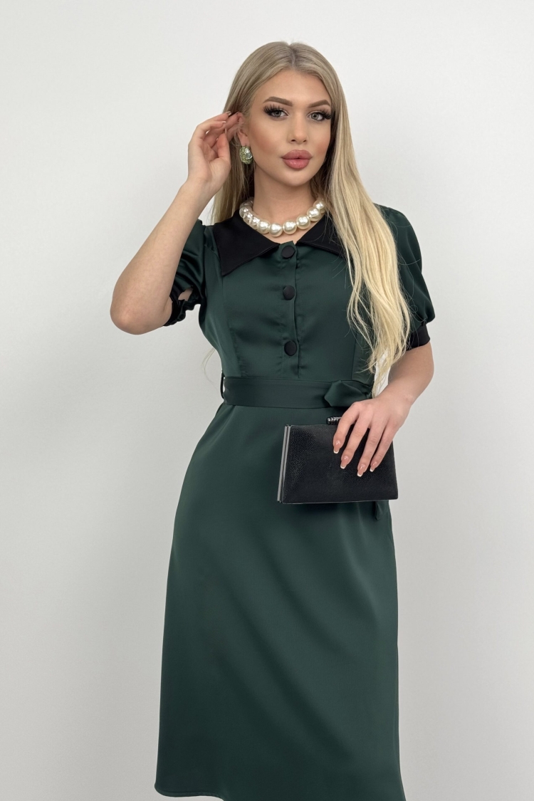 V Neck Garni Button Dress With Drawstring Belt