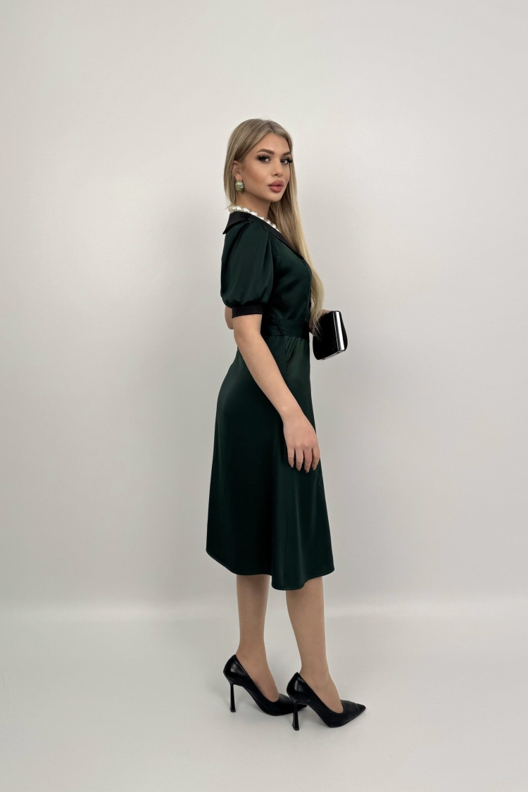 V Neck Garni Button Dress With Drawstring Belt