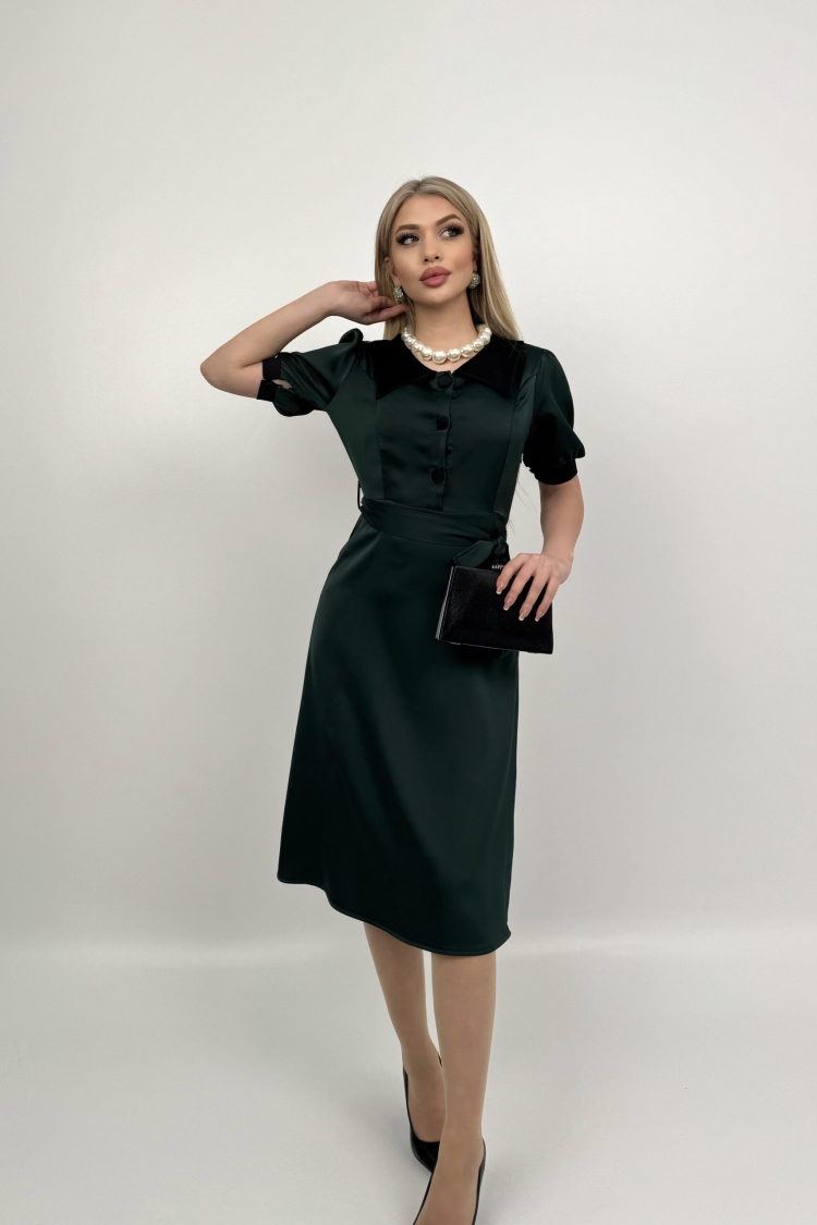 V Neck Garni Button Dress With Drawstring Belt