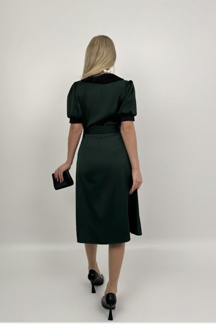 V Neck Garni Button Dress With Drawstring Belt