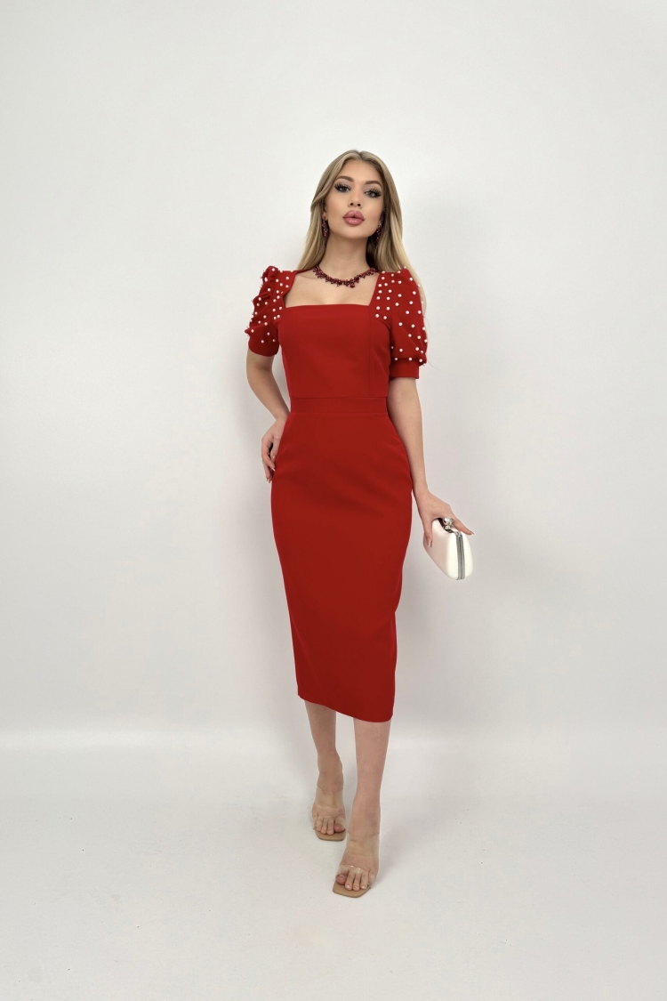 Pearl Striped Watermelon Sleeve Midi Dress
