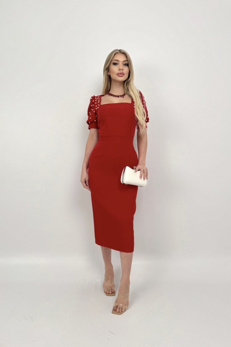 Pearl Striped Watermelon Sleeve Midi Dress - Miss Janell - Globality Store - Women Clothes Wholesale Turkey