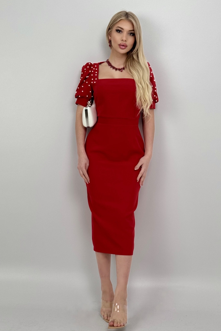 Pearl Striped Watermelon Sleeve Midi Dress