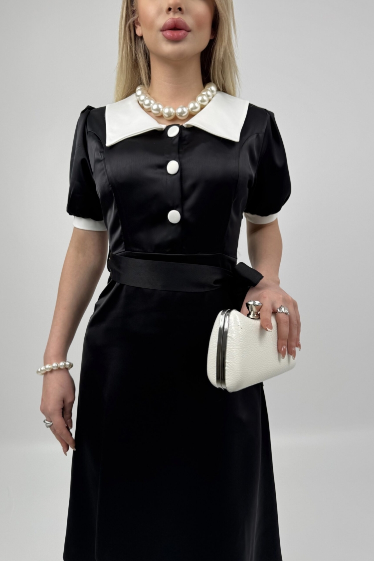 V Neck Garni Button Dress With Drawstring Belt
