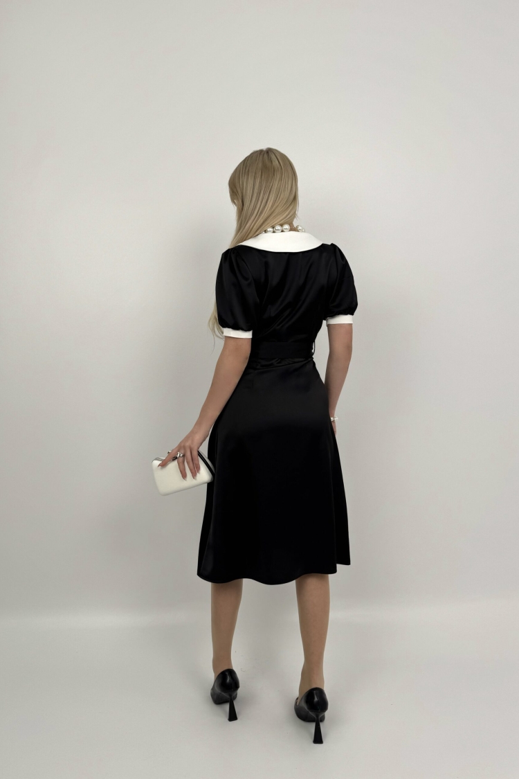 V Neck Garni Button Dress With Drawstring Belt