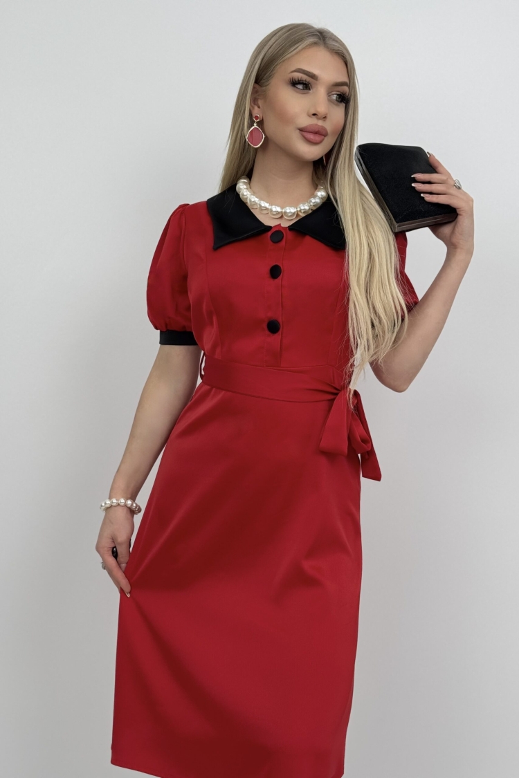 V Neck Garni Button Dress With Drawstring Belt