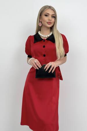 V Neck Garni Button Dress With Drawstring Belt - Miss Janell - Globality Store - Women Clothes Wholesale Turkey