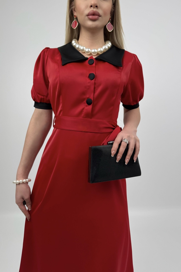 V Neck Garni Button Dress With Drawstring Belt