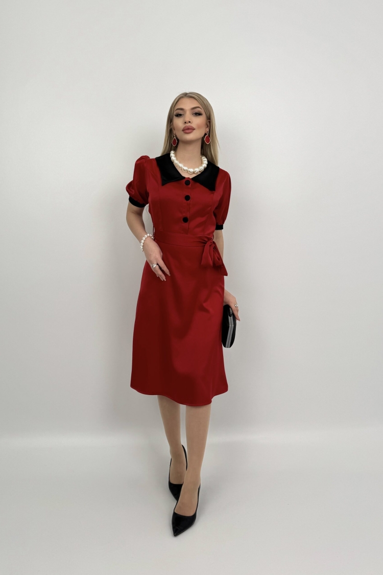 V Neck Garni Button Dress With Drawstring Belt