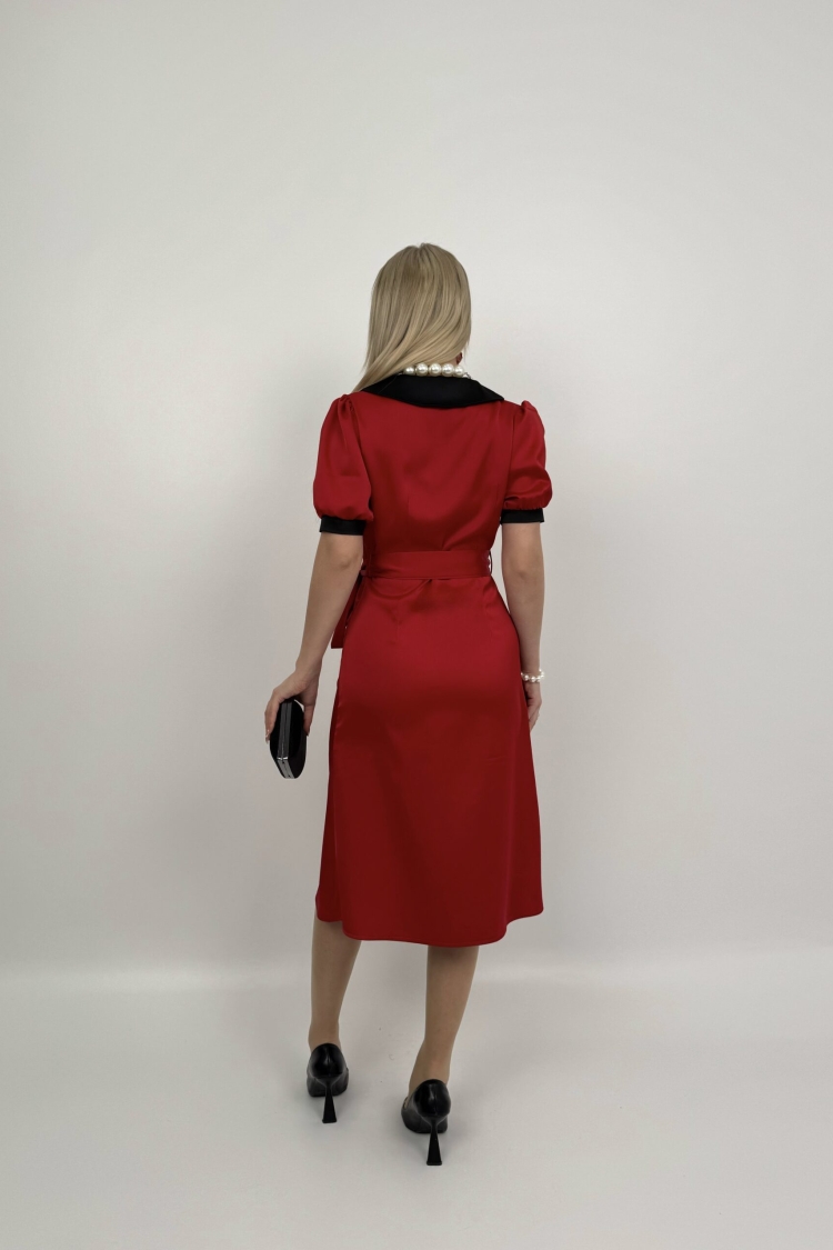 V Neck Garni Button Dress With Drawstring Belt
