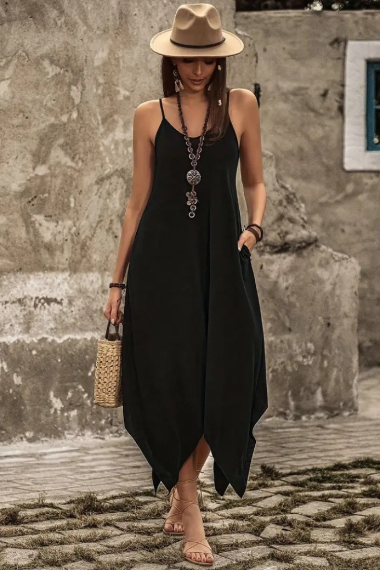 Women's Strappy V Neck Pocket Detailed Asymmetric Cut Detailed Viscose Dress