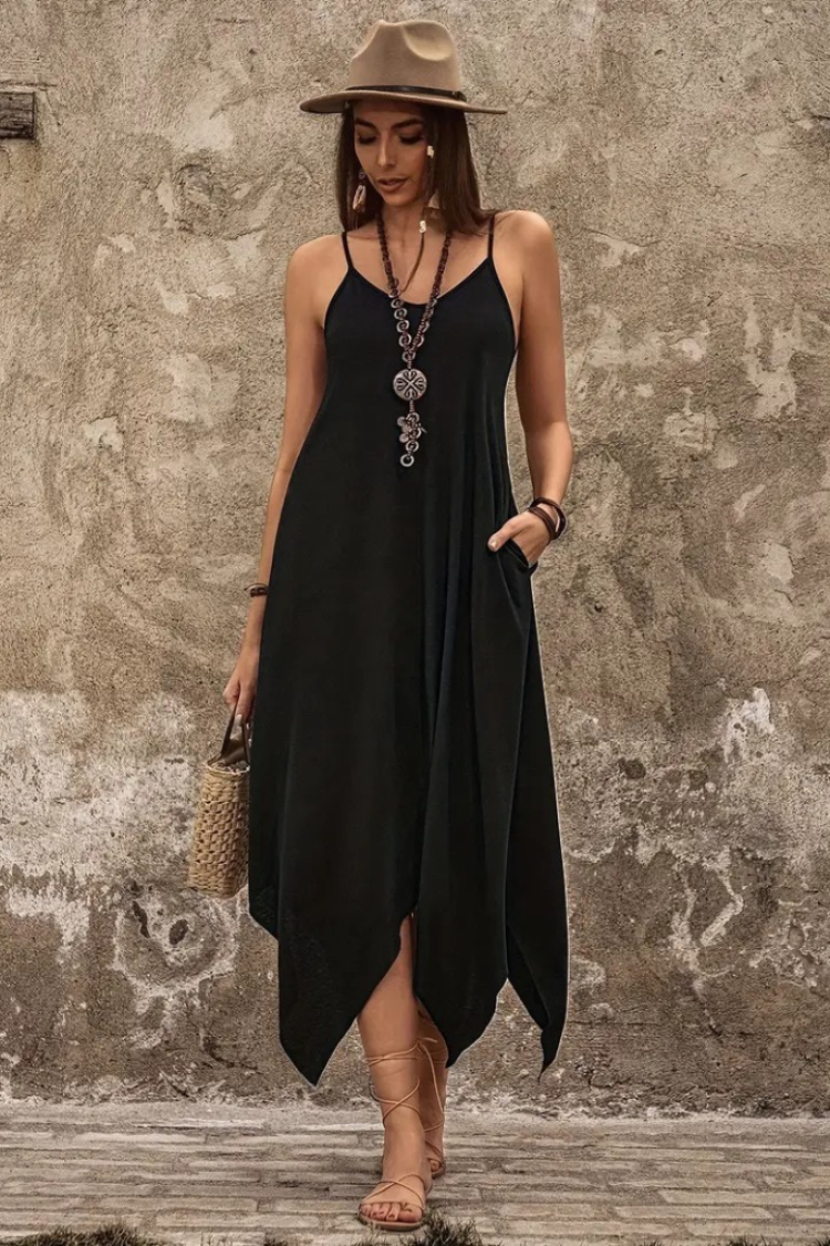 Women's Strappy V Neck Pocket Detailed Asymmetric Cut Detailed Viscose Dress