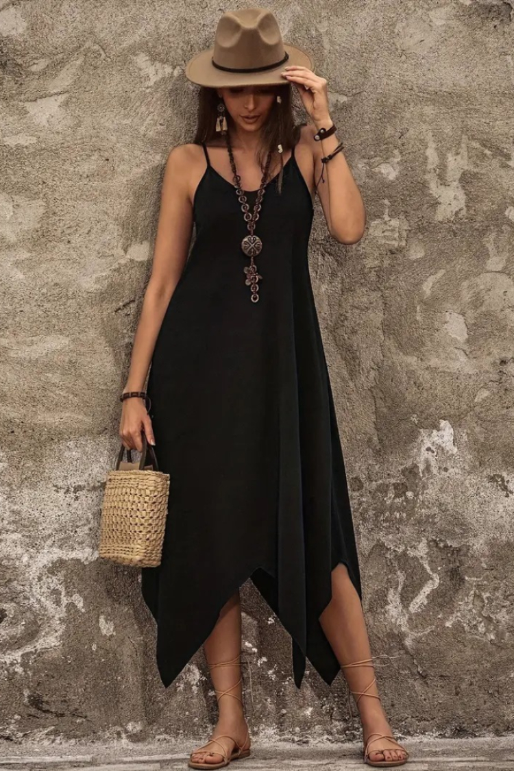 Women's Strappy V Neck Pocket Detailed Asymmetric Cut Detailed Viscose Dress