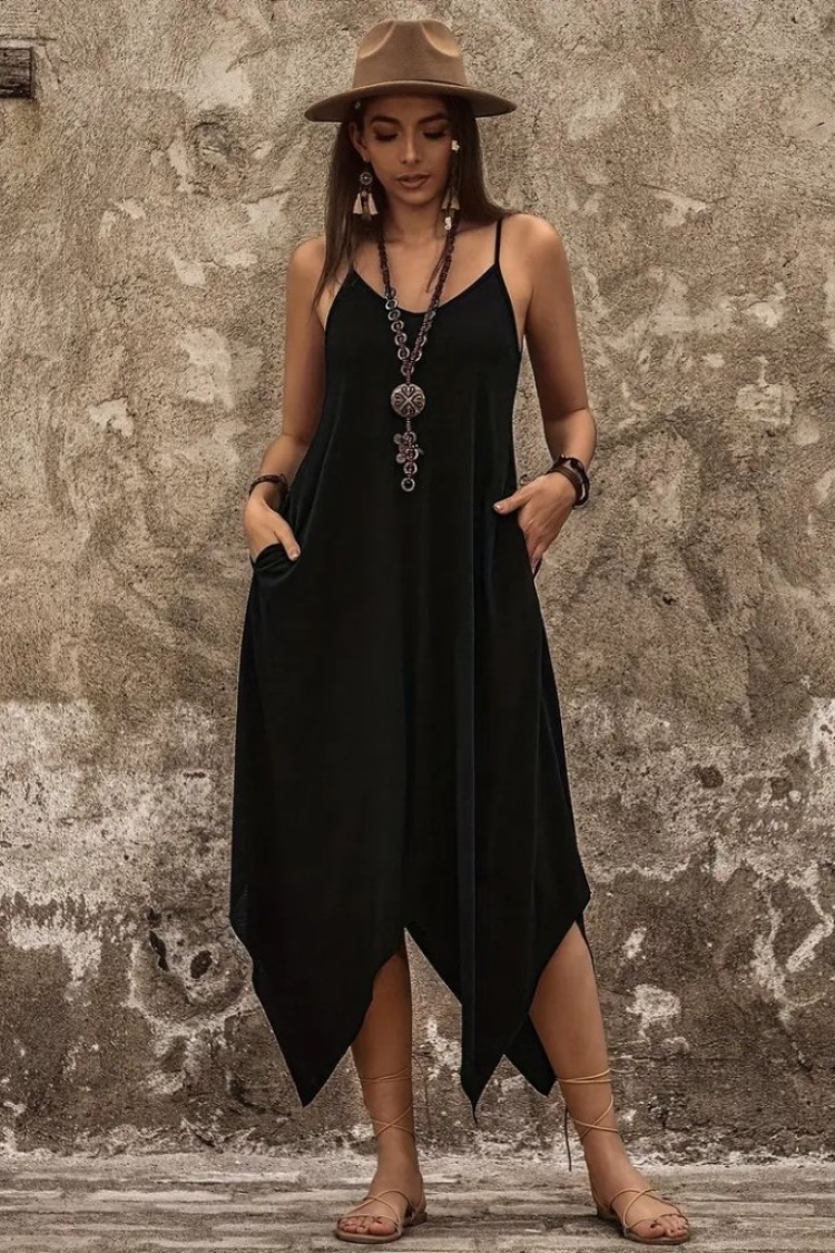 Women's Strappy V Neck Pocket Detailed Asymmetric Cut Detailed Viscose Dress - Janes - Globality Store - Women Clothes Wholesale Turkey