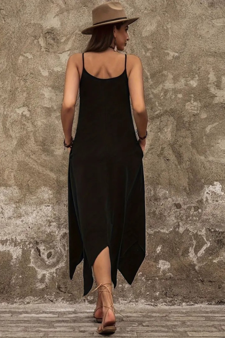Women's Strappy V Neck Pocket Detailed Asymmetric Cut Detailed Viscose Dress