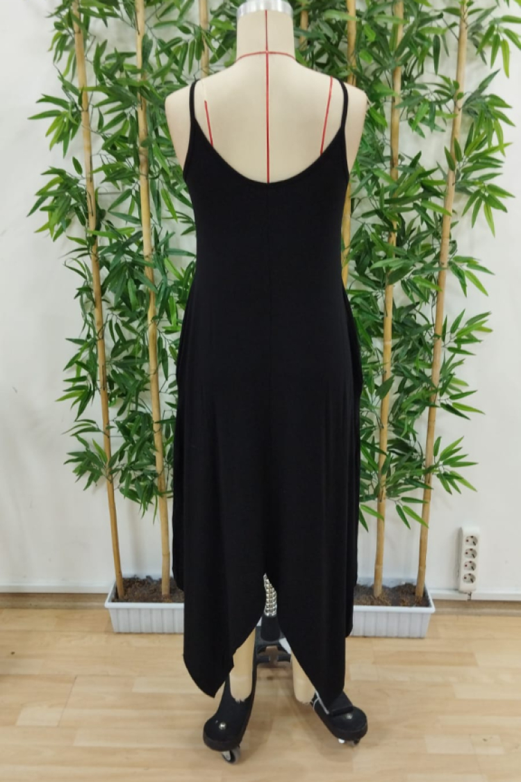 Women's Strappy V Neck Pocket Detailed Asymmetric Cut Detailed Viscose Dress