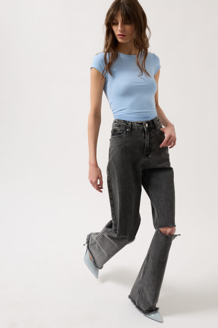 Laser Cut Wide Leg Jean - Black Fashion - Globality Store - Women Clothes Wholesale Turkey
