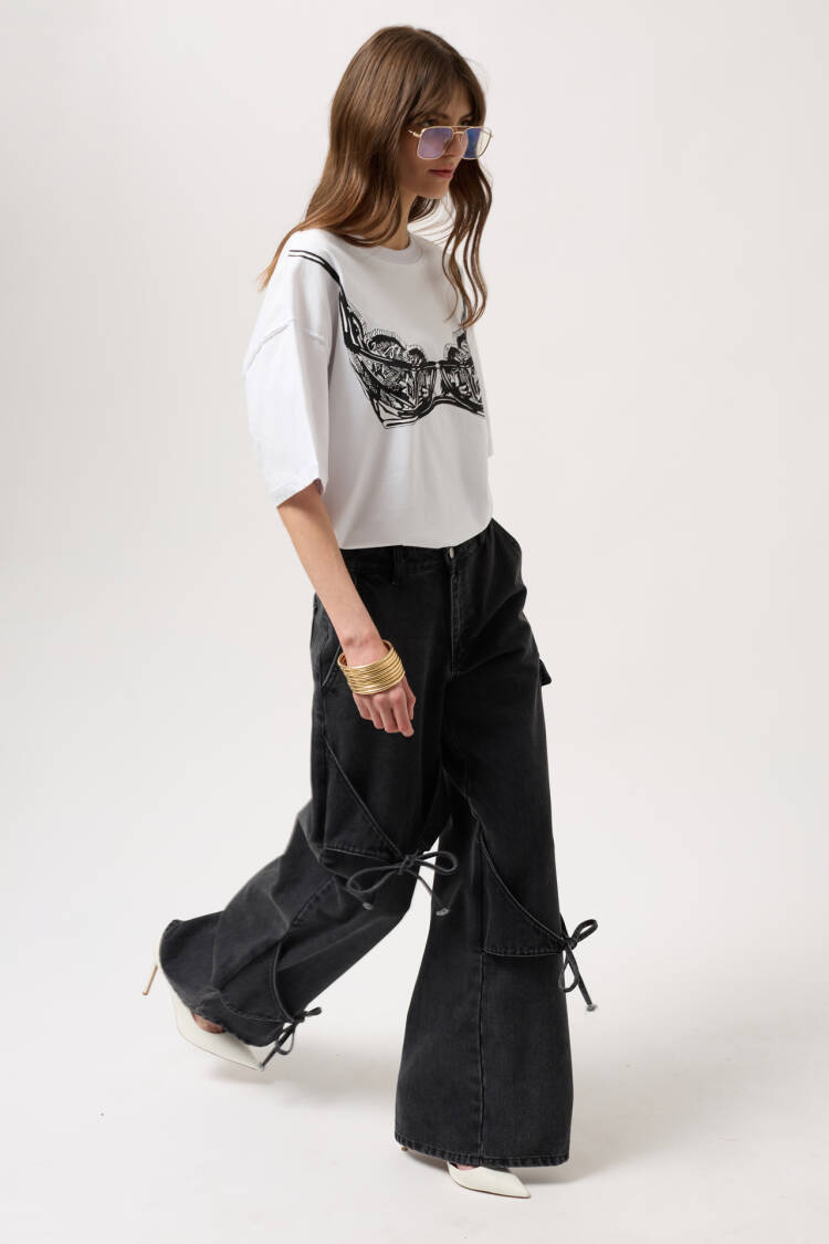 Ribbon Detail Cargo Pocket Wide Leg Jean - Black Fashion - Globality Store - Women Clothes Wholesale Turkey