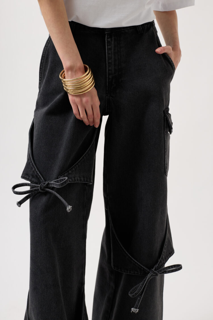 Ribbon Detail Cargo Pocket Wide Leg Jean