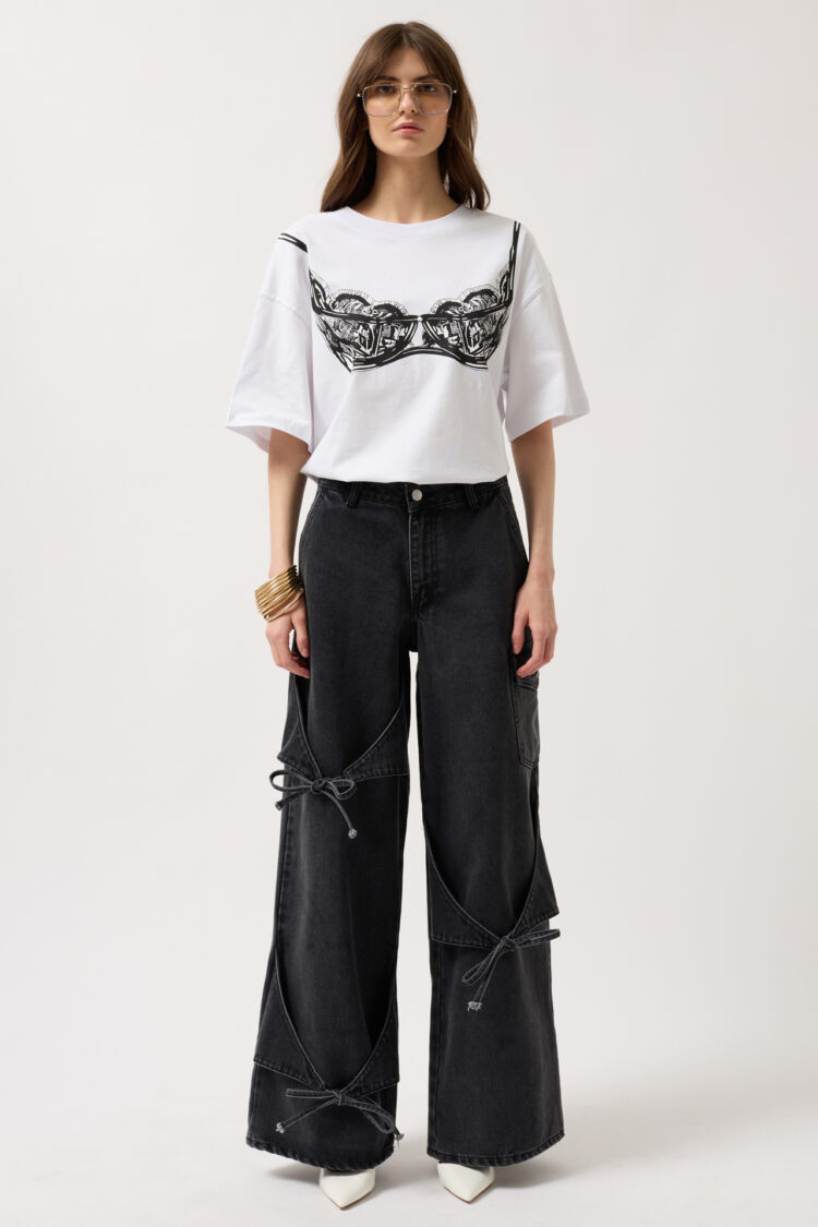 Ribbon Detail Cargo Pocket Wide Leg Jean