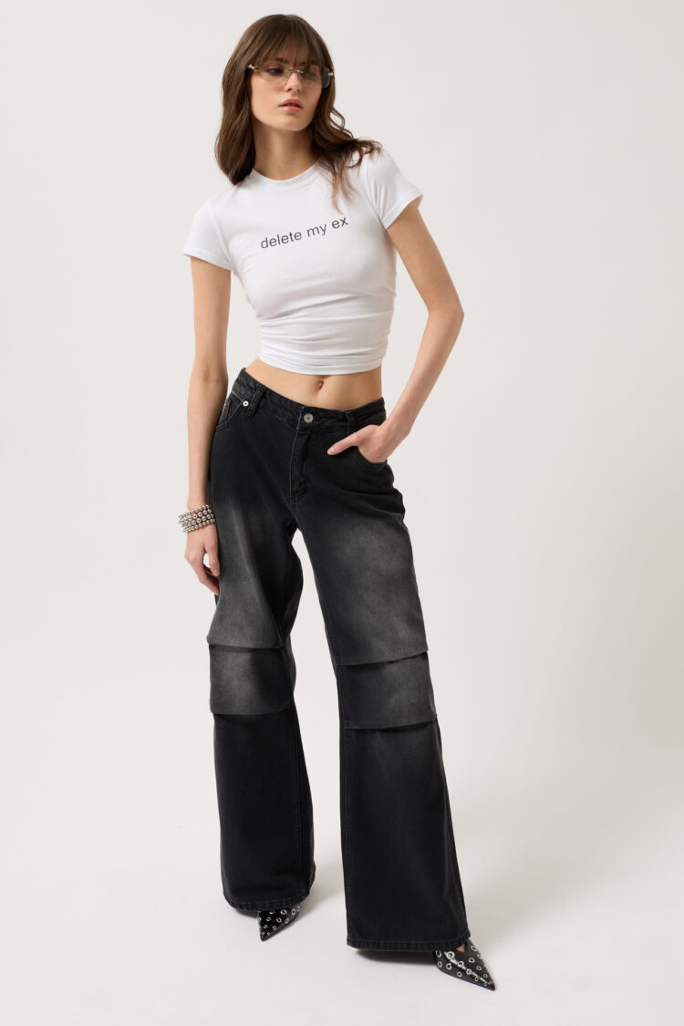 Low Waist Knee Pleated Jean - Snow Wash Smoked
