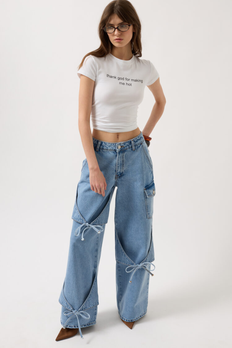 Ribbon Detail Cargo Pocket Wide Leg Jean