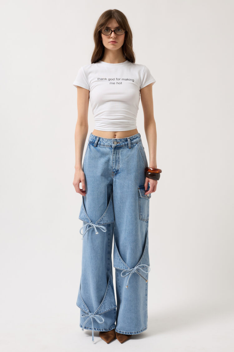 Ribbon Detail Cargo Pocket Wide Leg Jean