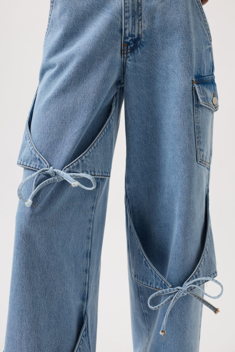 Ribbon Detail Cargo Pocket Wide Leg Jean - Black Fashion - Globality Store - Women Clothes Wholesale Turkey