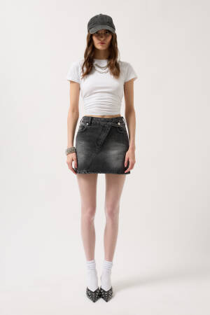 Asymmetric Belt Denim Mini Skirt - Black Fashion - Globality Store - Women Clothes Wholesale Turkey