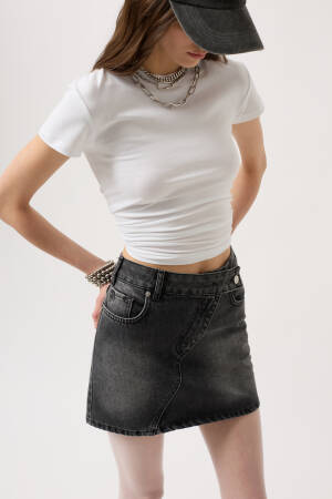 Asymmetric Belt Denim Mini Skirt - Black Fashion - Globality Store - Women Clothes Wholesale Turkey