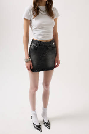Asymmetric Belt Denim Mini Skirt - Black Fashion - Globality Store - Women Clothes Wholesale Turkey