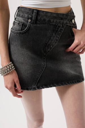Asymmetric Belt Denim Mini Skirt - Black Fashion - Globality Store - Women Clothes Wholesale Turkey