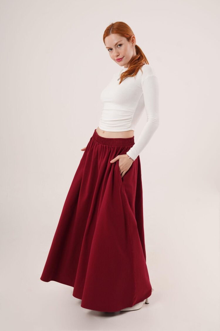 Elastic Waist Pocket Detailed Long Burgundy Wholesale Skirt