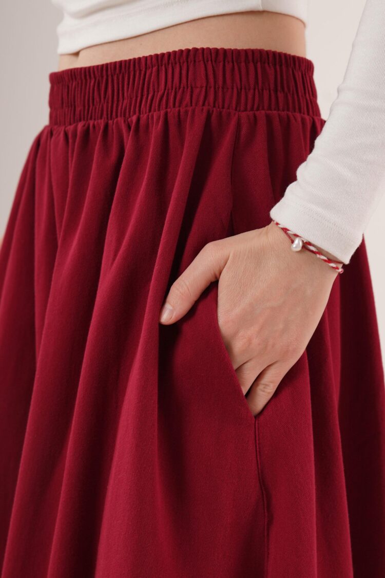 Elastic Waist Pocket Detailed Long Burgundy Wholesale Skirt