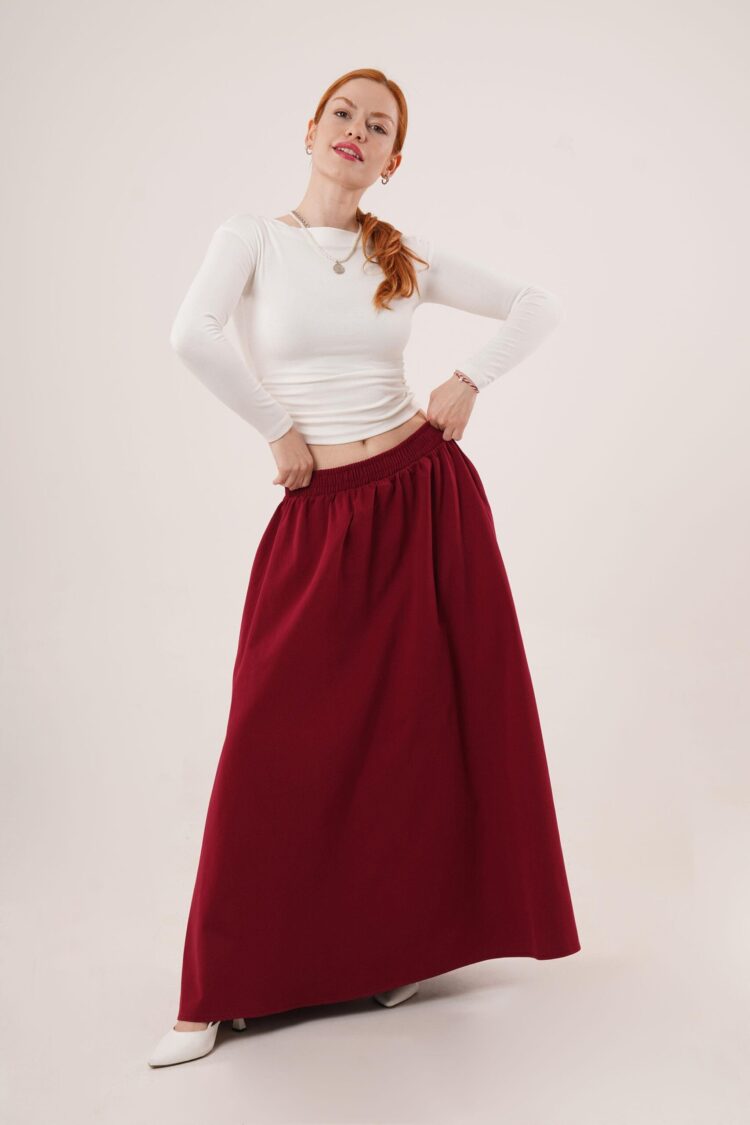 Elastic Waist Pocket Detailed Long Burgundy Wholesale Skirt