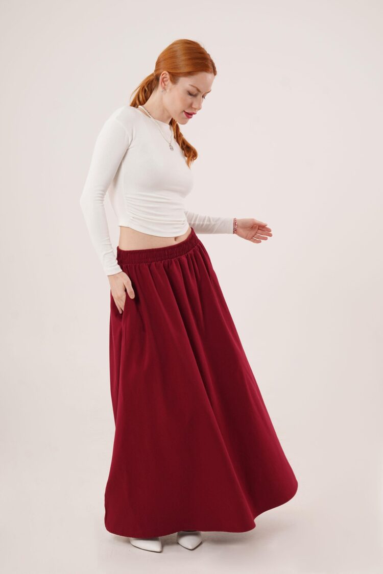Elastic Waist Pocket Detailed Long Burgundy Wholesale Skirt
