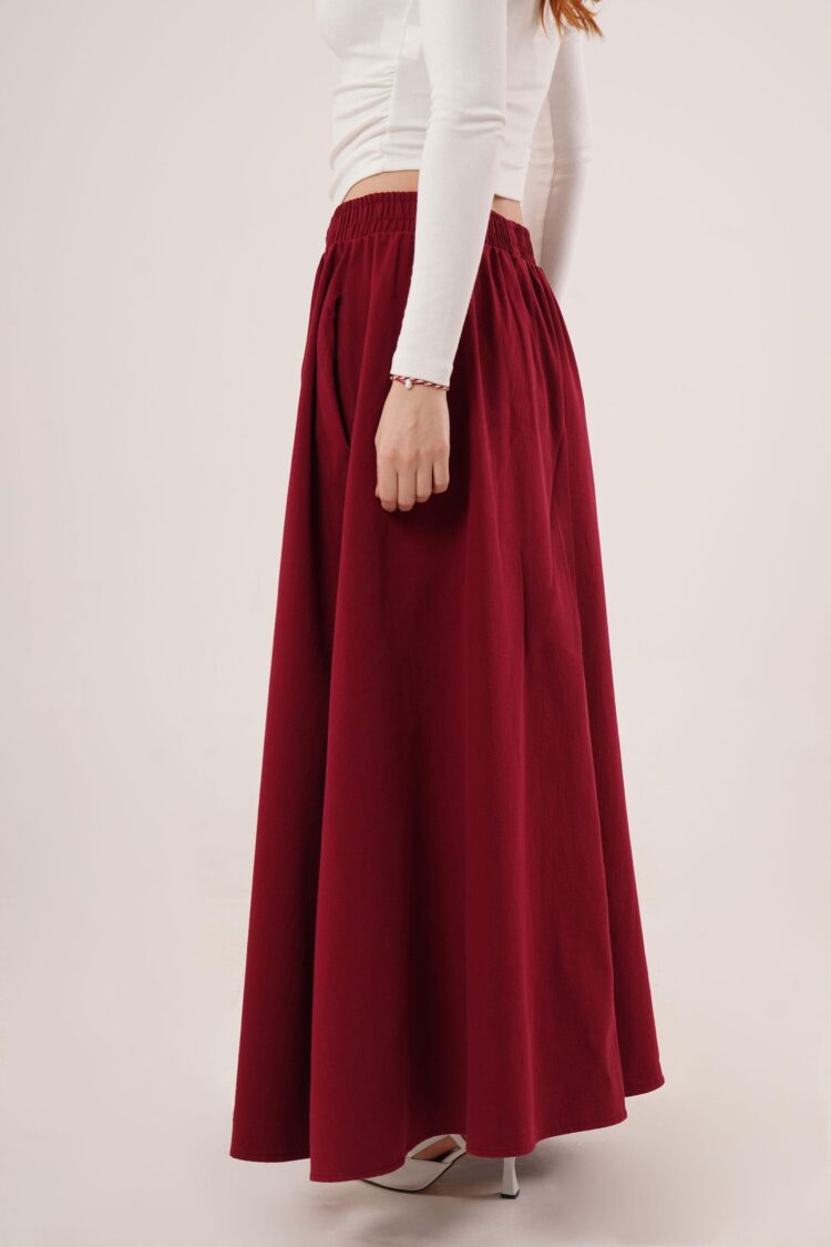 Elastic Waist Pocket Detailed Long Burgundy Wholesale Skirt