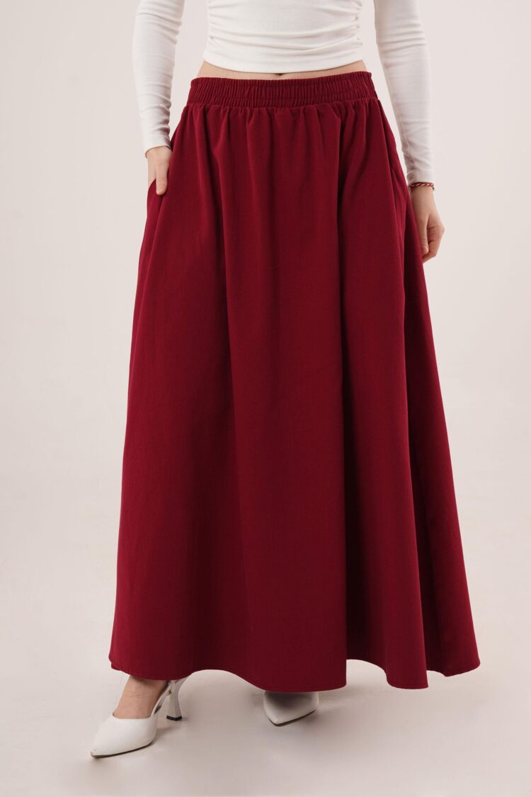 Elastic Waist Pocket Detailed Long Burgundy Wholesale Skirt - Lustrin - Globality Store - Women Clothes Wholesale Turkey