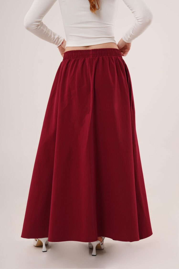 Elastic Waist Pocket Detailed Long Burgundy Wholesale Skirt