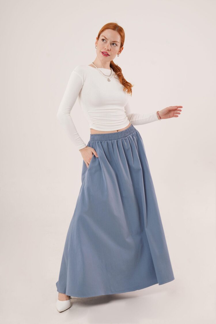Elastic Waist Pocket Detailed LongWholesale Skirt