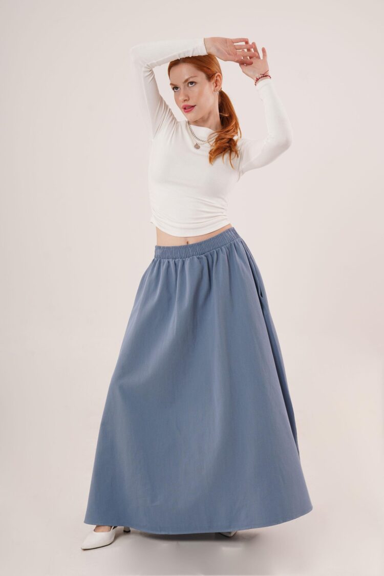 Elastic Waist Pocket Detailed LongWholesale Skirt