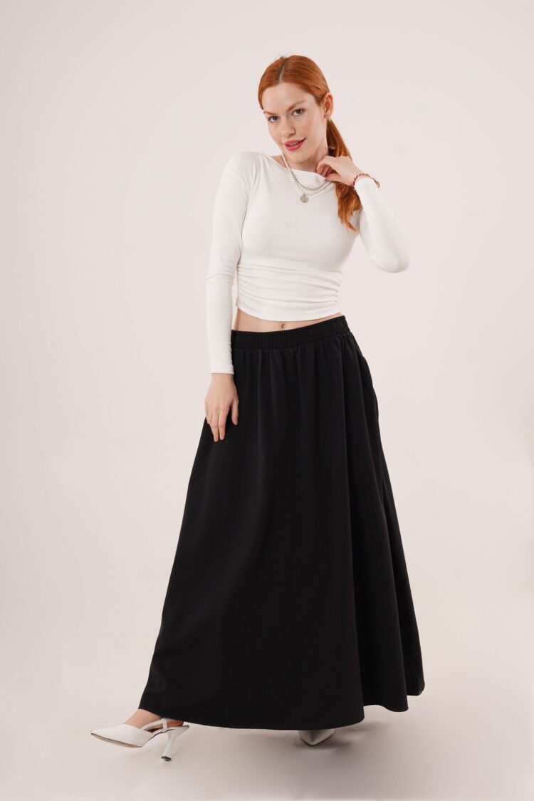 Elastic Waist Pocket Detailed LongWholesale Skirt
