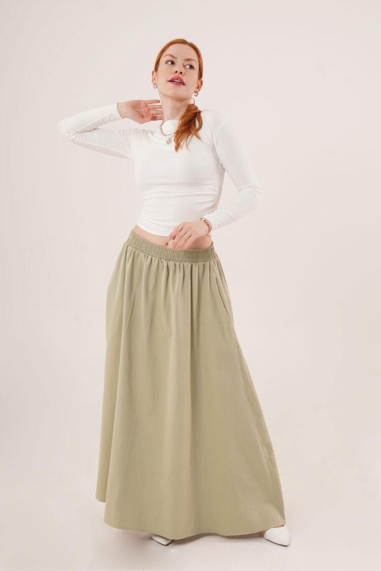 Elastic Waist Pocket Detailed LongWholesale Skirt