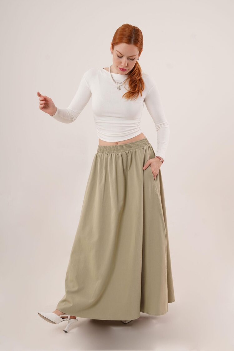 Elastic Waist Pocket Detailed LongWholesale Skirt