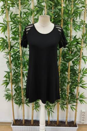Women's Short Sleeve Round Neck Stripe Sleeve Detailed Viscose Dress - Black - Janes - Globality Store - Women Clothes Wholesale Turkey