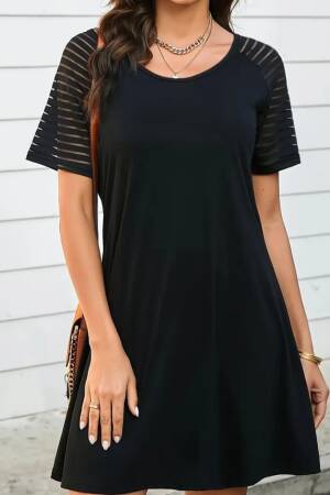 Women's Short Sleeve Round Neck Stripe Sleeve Detailed Viscose Dress - Black - Janes - Globality Store - Women Clothes Wholesale Turkey