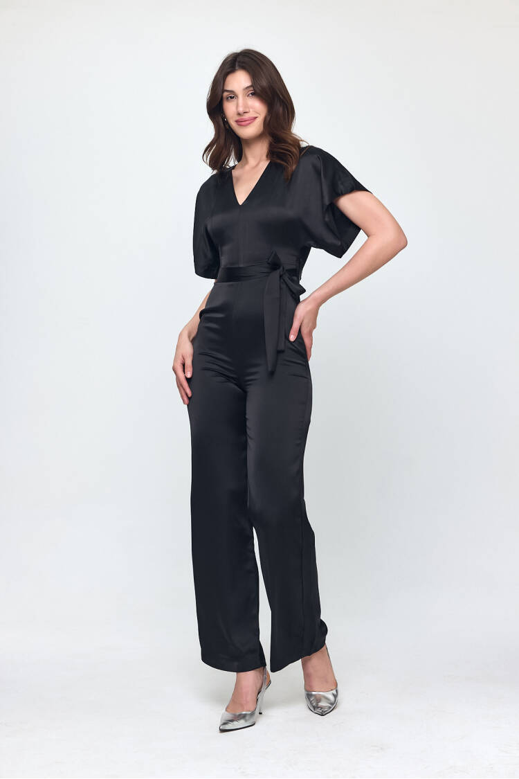 Nob Black Satin Belt Detailed Jumpsuit - Evable - Globality Store - Women Clothes Wholesale Turkey
